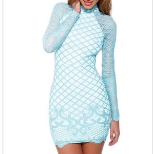 Light Blue soft lace dress long sleeve mini dress.